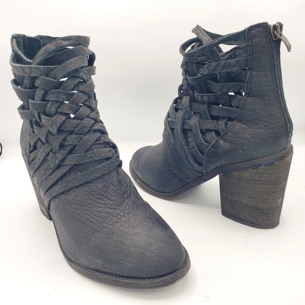 Free People Carrera Boots Black Slate Distressed Woven Leather Block Heels